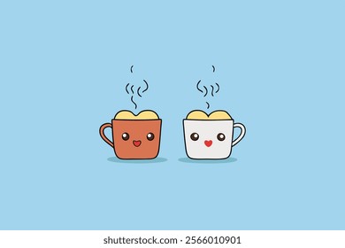 Cute Kawaii Coffee Cups Couple Hot Drinks Steam Happy