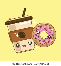 Cute kawaii coffee and donuts cartoon vector illustration