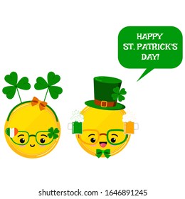 Cute kawaii coins with St. Patrick's day costume isolated on white background.  Vector graphic design emoticon character. Flat cartoon style irish celtic elements for party, sales, greeting card.