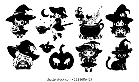 Cute kawaii collection of halloween witches, pumpkin, cat, witch potion. Black silhouette. Anime cartoon style. Trick or treat funny characters. Vector flat illustration isolated on white background.