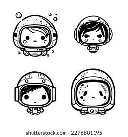 A cute and kawaii collection set of Hand drawn astronaut logos, featuring adorable characters in spacesuits and cosmic accessories