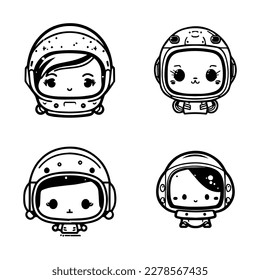 A cute and kawaii collection set of Hand drawn astronaut logos, featuring adorable characters in spacesuits and cosmic accessories