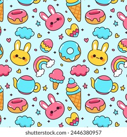 Cute kawaii colorful doodle kids seamless pattern