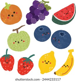 cute kawaii colorful hand drawn healthy fruits cartoon illustration
