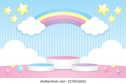 cute kawaii colorful podium display with rainbow and cloud 3d illustration vector for putting your object