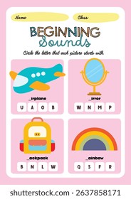 Cute kawaii and colorful printable worksheet for kids to circle the correct beginning letter of each illustrated object for fun and engaging phonics learning.