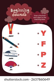 Cute kawaii and colorful printable worksheet for kids to draw lines matching each object to its correct beginning letter for fun and interactive phonics learning.
