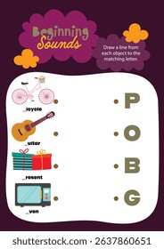 Cute kawaii and colorful printable worksheet for kids to draw lines matching each object to its correct beginning letter for fun and interactive phonics learning.