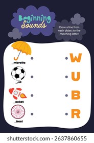 Cute kawaii and colorful printable worksheet for kids to draw lines matching each object to its correct beginning letter for fun and interactive phonics learning.