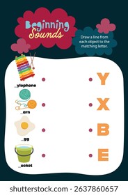 Cute kawaii and colorful printable worksheet for kids to draw lines matching each object to its correct beginning letter for fun and interactive phonics learning.