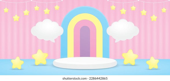 cute kawaii colorful rainbow arch display and podium with cloud speech bubble and hanging stars 3d illustration vector for putting product or object 