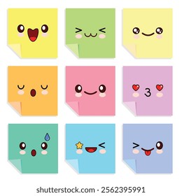 cute kawaii colorful sticky notes with emoji face inside 