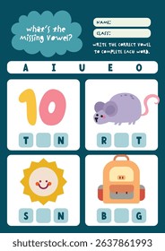 Cute kawaii and colorful worksheet for kids to write missing vowels in object names a fun printable activity to support reading spelling and phonics skills.