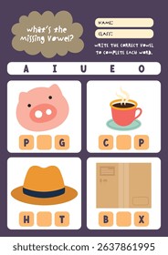 Cute kawaii and colorful worksheet for kids to write missing vowels in object names a fun printable activity to support reading spelling and phonics skills.