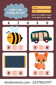 Cute kawaii and colorful worksheet for kids to write missing vowels in object names a fun printable activity to support reading spelling and phonics skills.