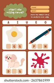Cute kawaii and colorful worksheet for kids to write missing vowels in object names a fun printable activity to support reading spelling and phonics skills.