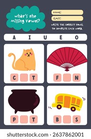 Cute kawaii and colorful worksheet for kids to write missing vowels in object names a fun printable activity to support reading spelling and phonics skills.