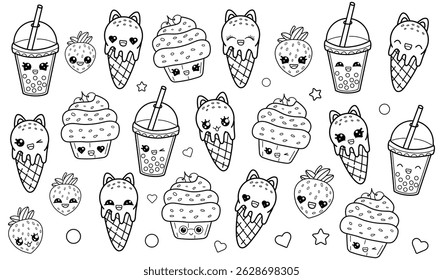 Cute kawaii coloring page with funny characters. Vector illustration on white background