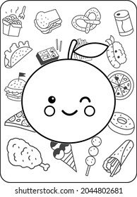Cute kawaii coloring page for kids. Cartoon vector characters. Black and white illustration.