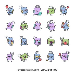 Cute kawaii combination lock characters with happy cartoon emotions for fun, joy, entertainment, expressions, lifestyle, activity, creativity, playful, cheerful, friendly, smiling, mood