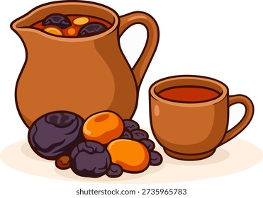 Cute kawaii compote drink with dried fruits in jug and cup, flat vector cartoon illustration with thick outline, isolated on white background.