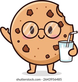 Biscoito Kawaii bonito com mordida e leite vetor - ilustração do adesivo do personagem do alimento