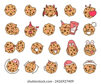 Cute kawaii cookies. Cartoon choco chip characters. Funny food. Hand drawn style. Vector drawing. Collection of design elements.