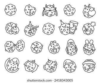 Cute kawaii cookies. Coloring Page. Cartoon choco chip characters. Funny food. Hand drawn style. Vector drawing. Collection of design elements.