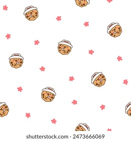 Cute kawaii cookies. Seamless pattern. Cartoon choco chip characters. Funny food. Hand drawn style. Vector drawing. Design ornaments.