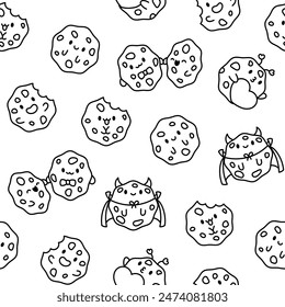 Cute kawaii cookies. Seamless pattern. Coloring Page. Cartoon choco chip characters. Funny food. Hand drawn style. Vector drawing. Design ornaments.