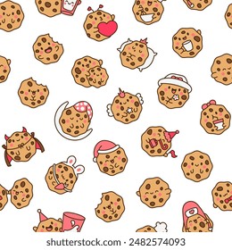 Cute kawaii cookies. Seamless pattern. Cartoon choco chip characters. Funny food. Hand drawn style. Vector drawing. Design ornaments.