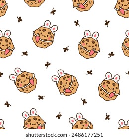 Cute kawaii cookies. Seamless pattern. Cartoon choco chip characters. Funny food. Hand drawn style. Vector drawing. Design ornaments.