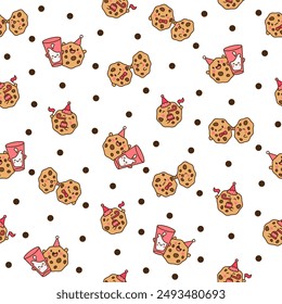 Cute kawaii cookies. Seamless pattern. Cartoon choco chip characters. Funny food. Hand drawn style. Vector drawing. Design ornaments.