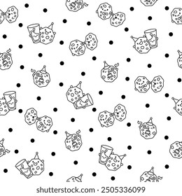 Cute kawaii cookies. Seamless pattern. Coloring Page. Cartoon choco chip characters. Funny food. Hand drawn style. Vector drawing. Design ornaments.