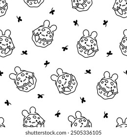 Cute kawaii cookies. Seamless pattern. Coloring Page. Cartoon choco chip characters. Funny food. Hand drawn style. Vector drawing. Design ornaments.