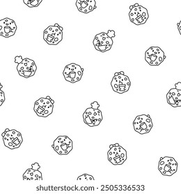 Cute kawaii cookies. Seamless pattern. Coloring Page. Cartoon choco chip characters. Funny food. Hand drawn style. Vector drawing. Design ornaments.