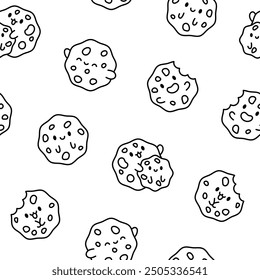 Cute kawaii cookies. Seamless pattern. Coloring Page. Cartoon choco chip characters. Funny food. Hand drawn style. Vector drawing. Design ornaments.