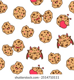 Cute kawaii cookies. Seamless pattern. Cartoon choco chip characters. Funny food. Hand drawn style. Vector drawing. Design ornaments.