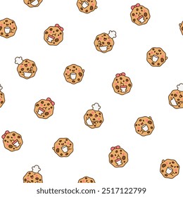 Cute kawaii cookies. Seamless pattern. Cartoon choco chip characters. Funny food. Hand drawn style. Vector drawing. Design ornaments.