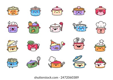 Cute kawaii cooking pots. Funny cartoon characters. Hand drawn style. Vector drawing. Collection of design elements.