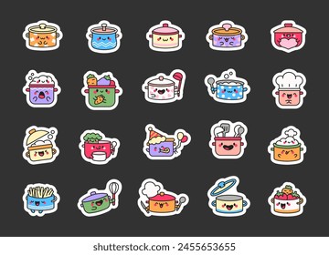 Cute kawaii cooking pots. Sticker Bookmark. Funny cartoon characters. Hand drawn style. Vector drawing. Collection of design elements.
