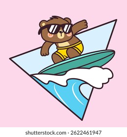 Cute Kawaii Cool Bear is Surfing on Big Waves on the Beach Cartoon Vector Illustration Logo Mascot. Summer Animal Bear Hand Drawn Retro Flat Cartoon