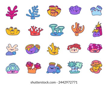 Cute kawaii coral reef with funny face. Happy underwater sea life cartoon character. Hand drawn style. Vector drawing. Collection of design elements.