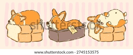Cute kawaii corgi bread loaf bakery theme set whimsical hand drawn cartoon doodle collection idea for banner,log, t shirt printable