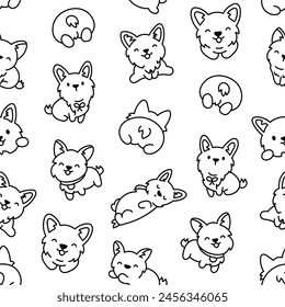 Cute kawaii corgi dog. Seamless pattern. Coloring Page. Funny puppy cartoon animal characters. Hand drawn style. Vector drawing. Design ornaments.