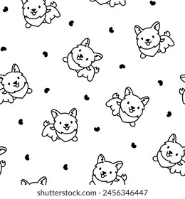 Cute kawaii corgi dog. Seamless pattern. Coloring Page. Funny puppy cartoon animal characters. Hand drawn style. Vector drawing. Design ornaments.