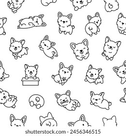 Cute kawaii corgi dog. Seamless pattern. Coloring Page. Funny puppy cartoon animal characters. Hand drawn style. Vector drawing. Design ornaments.