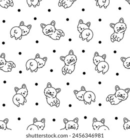 Cute kawaii corgi dog. Seamless pattern. Coloring Page. Funny puppy cartoon animal characters. Hand drawn style. Vector drawing. Design ornaments.