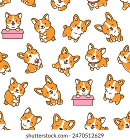 Cute kawaii corgi dog. Seamless pattern. Funny puppy cartoon animal characters. Hand drawn style. Vector drawing. Design ornaments.
