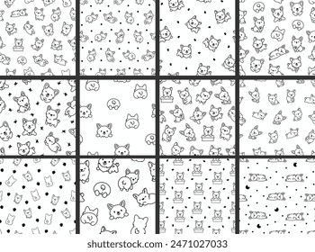 Cute kawaii corgi dog. Seamless pattern. Coloring Page. Funny puppy cartoon animal characters. Hand drawn style. Vector drawing. Collection of design ornaments.